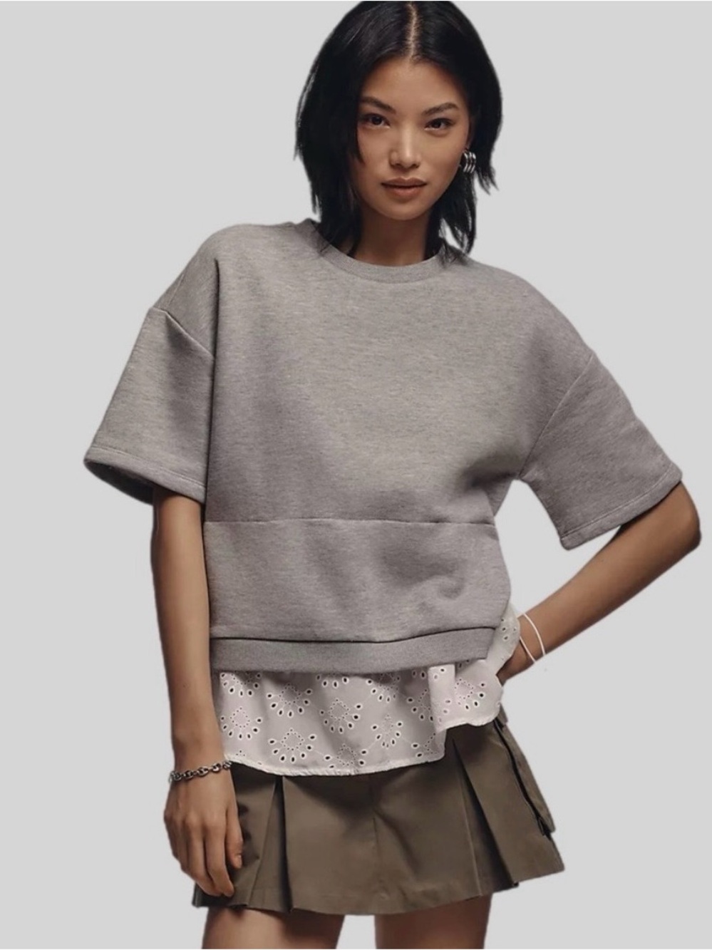 Anthropologie Light Gray Short Sleeve Sweatshirt Twofer Eyelet top- Size M